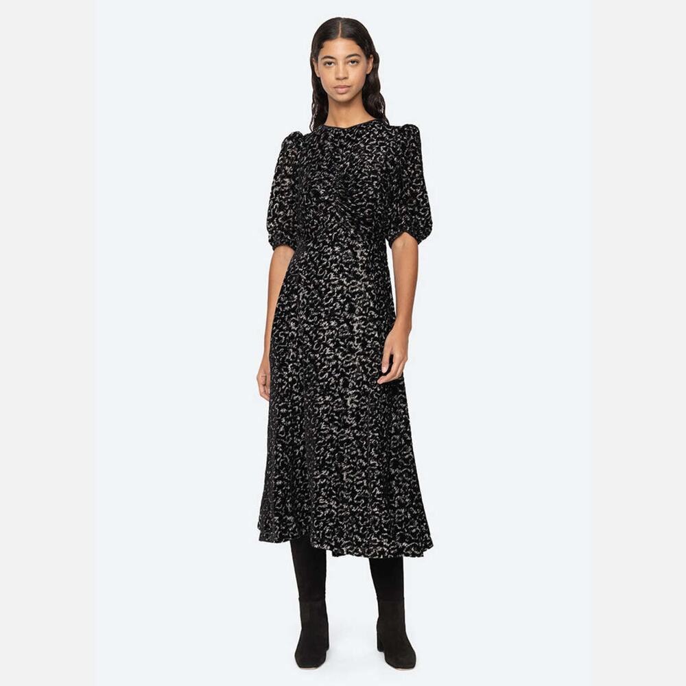 SEA NEW YORK Black Sophia Burn Out Velvet Puff Sleeve Dress Size 8 NWT